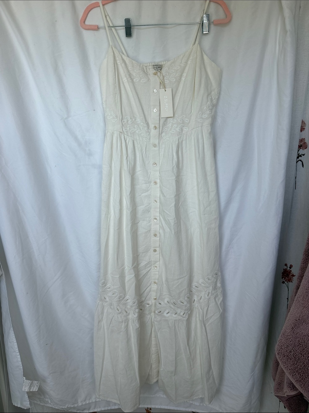 ZSupply White Button-Front Maxi Dress with Embroidered Detail